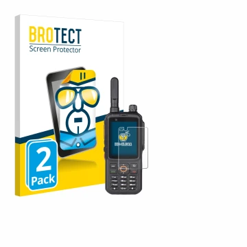 Front side of a product packaging with the brand logo BROTECT. Next to it is the device Inrico T320 shown with the correspondi