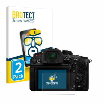 Front side of a product packaging with the brand logo BROTECT. Next to it is the device Panasonic Lumix DC-GH7 shown with the 