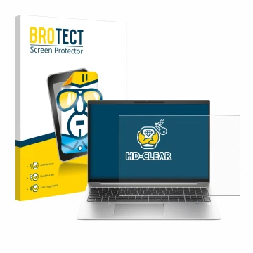Front side of a product packaging with the brand logo BROTECT. Next to it is the device HP EliteBook 845 G11 shown with the co