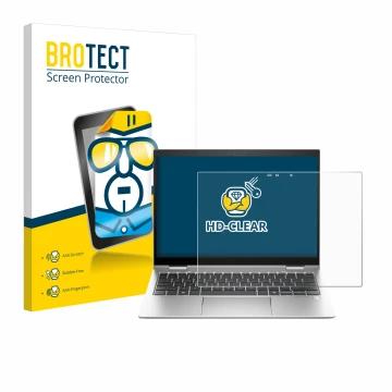 Front side of a product packaging with the brand logo BROTECT. Next to it is the device HP Elite x360 830 G11 2-in-1 shown wit