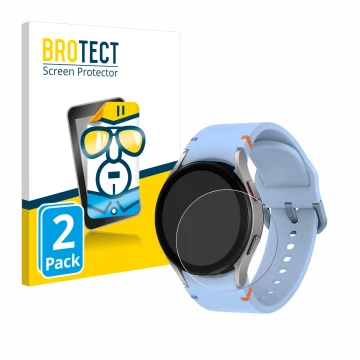 Front side of a product packaging with the brand logo BROTECT. Next to it is the device Samsung Galaxy Watch FE shown with the