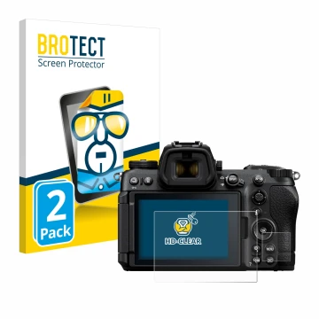 Front side of a product packaging with the brand logo BROTECT. Next to it is the device Nikon Z6 III shown with the correspond
