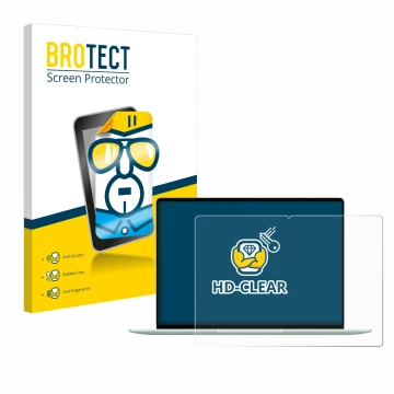 Front side of a product packaging with the brand logo BROTECT. Next to it is the device Huawei MateBook 14 2024 shown with the