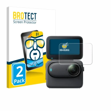 Front side of a product packaging with the brand logo BROTECT. Next to it is the device Insta360 Go 3S shown with the correspo