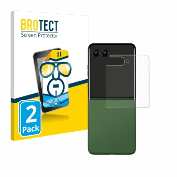 Front side of a product packaging with the brand logo BROTECT. Next to it is the device Motorola Razr 50 Ultra (Back display) 