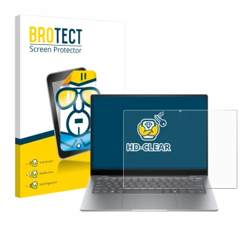 Front side of a product packaging with the brand logo BROTECT. Next to it is the device HP OmniBook X AI 14 shown with the cor