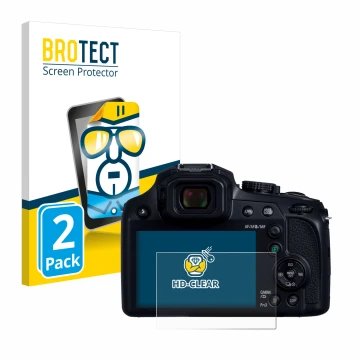 Front side of a product packaging with the brand logo BROTECT. Next to it is the device Panasonic Lumix DC-FZ82D shown with th