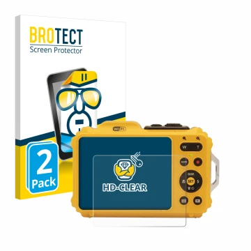 Front side of a product packaging with the brand logo BROTECT. Next to it is the device Kodak Pixpro WPZ2 shown with the corre