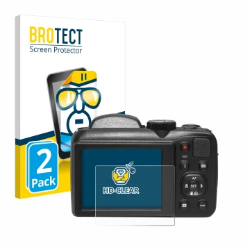Front side of a product packaging with the brand logo BROTECT. Next to it is the device Kodak Pixpro AZ255 shown with the corr