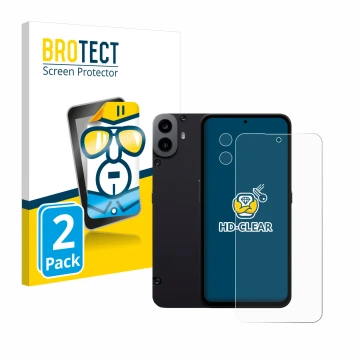 Front side of a product packaging with the brand logo BROTECT. Next to it is the device Nothing CMF Phone 1 (Front+Camera) sho