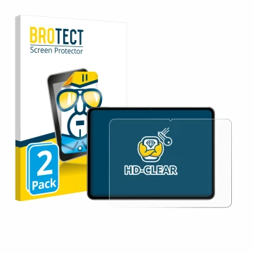 Front side of a product packaging with the brand logo BROTECT. Next to it is the device OnePlus Pad 2 shown with the correspon