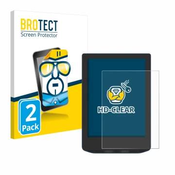 Front side of a product packaging with the brand logo BROTECT. Next to it is the device PocketBook Verse Pro Color shown with 