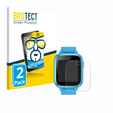Front side of a product packaging with the brand logo BROTECT. Next to it is the device Xplora Kidzi Watch shown with the corr
