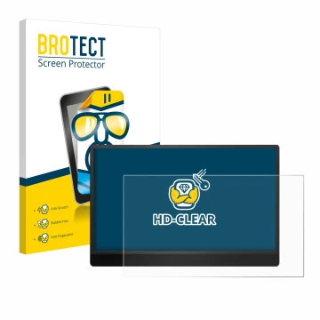 Front side of a product packaging with the brand logo BROTECT. Next to it is the device MSI Pro MP161 E2 shown with the corres