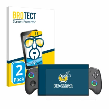 Front side of a product packaging with the brand logo BROTECT. Next to it is the device OneXPlayer X1 Mini shown with the corr