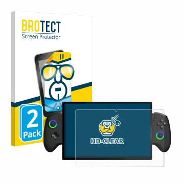Front side of a product packaging with the brand logo BROTECT. Next to it is the device OneXPlayer X1 shown with the correspon