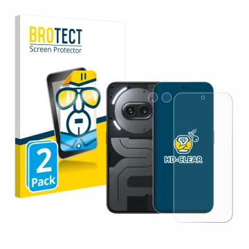 Front side of a product packaging with the brand logo BROTECT. Next to it is the device Nothing Phone (2a) Plus (Front+Camera)