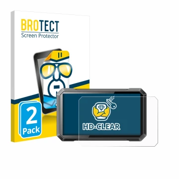 Front side of a product packaging with the brand logo BROTECT. Next to it is the device Ricoel Motorcycle CarPlay C7 II shown 