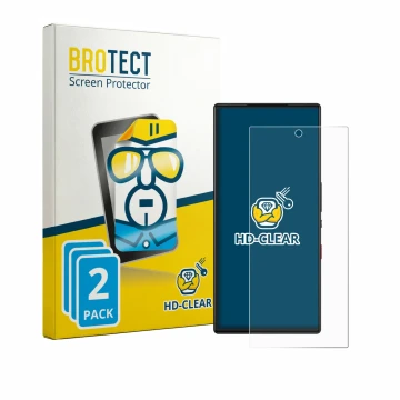 Front side of a product packaging with the brand logo BROTECT. Next to it is the device ZTE Nubia Red Magic 9S Pro shown with 