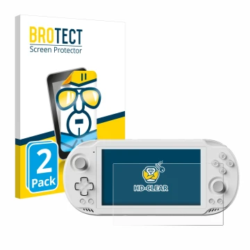 Front side of a product packaging with the brand logo BROTECT. Next to it is the device AYN Odin 2 Mini shown with the corresp