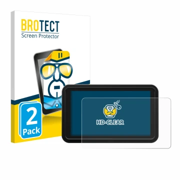 Front side of a product packaging with the brand logo BROTECT. Next to it is the device Atomos Shinobi 2 shown with the corres