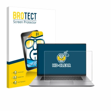 Front side of a product packaging with the brand logo BROTECT. Next to it is the device HP Zbook Studio 16 G11 shown with the 