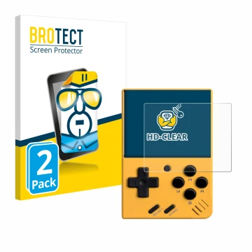 Front side of a product packaging with the brand logo BROTECT. Next to it is the device Miyoo Mini V4 shown with the correspon