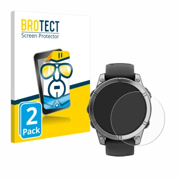 Front side of a product packaging with the brand logo BROTECT. Next to it is the device Garmin Fenix E shown with the correspo