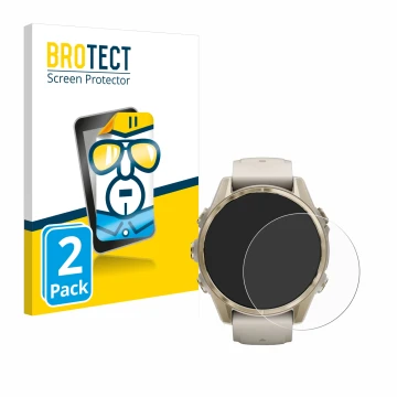 Front side of a product packaging with the brand logo BROTECT. Next to it is the device Garmin Fenix 8 (43 mm) shown with the 