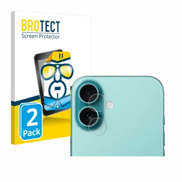 Front side of a product packaging with the brand logo BROTECT. Next to it is the device Apple iPhone 16 (ONLY Camera Lens) sho