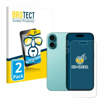 Front side of a product packaging with the brand logo BROTECT. Next to it is the device Apple iPhone 16 (Front+Camera) shown w