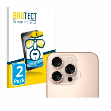 Front side of a product packaging with the brand logo BROTECT. Next to it is the device Apple iPhone 16 Pro (ONLY Camera Lens)