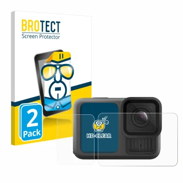 Front side of a product packaging with the brand logo BROTECT. Next to it is the device GoPro Hero 13 Black shown with the cor