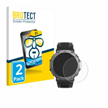 Front side of a product packaging with the brand logo BROTECT. Next to it is the device Huami Amazfit T-Rex 3 shown with the c