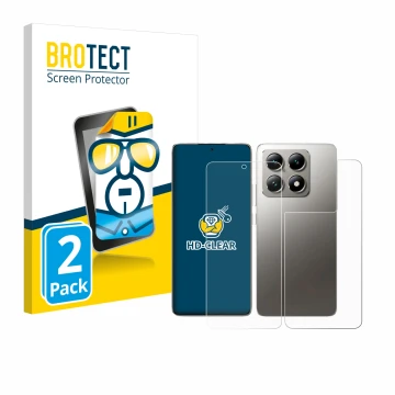 Front side of a product packaging with the brand logo BROTECT. Next to it is the device Xiaomi 14T Pro (Front+Back) shown with