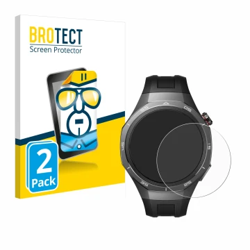 Front side of a product packaging with the brand logo BROTECT. Next to it is the device Huawei Watch GT 5 Pro (46 mm) shown wi