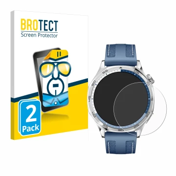 Front side of a product packaging with the brand logo BROTECT. Next to it is the device Huawei Watch GT 5 (46 mm) shown with t