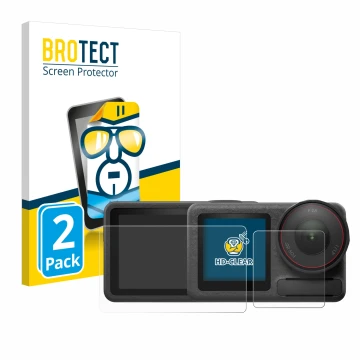 Front side of a product packaging with the brand logo BROTECT. Next to it is the device DJI Osmo Action 5 Pro shown with the c