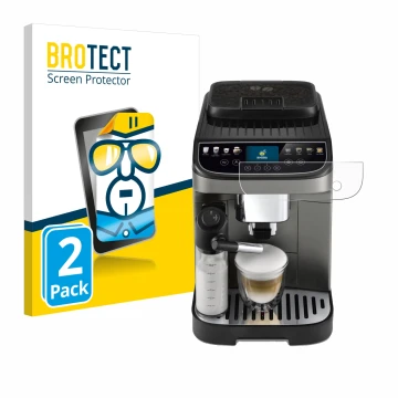 Front side of a product packaging with the brand logo BROTECT. Next to it is the device DeLonghi Magnifica Evo Next shown with
