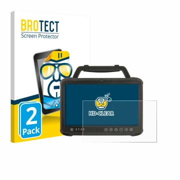 Front side of a product packaging with the brand logo BROTECT. Next to it is the device Winmate M133WK shown with the correspo