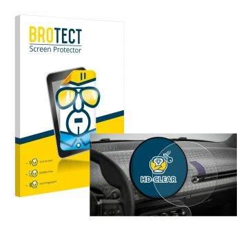 Front side of a product packaging with the brand logo BROTECT. Next to it is the device Mini Cooper Electric BJ 2024 shown wit