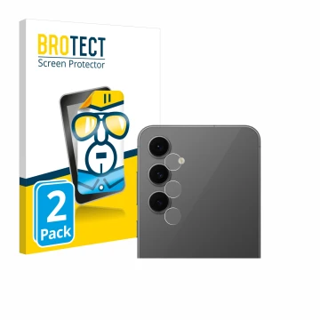 Front side of a product packaging with the brand logo BROTECT. Next to it is the device Samsung Galaxy S24 FE (ONLY Camera Len