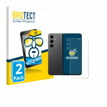 Front side of a product packaging with the brand logo BROTECT. Next to it is the device Samsung Galaxy S24 FE (Front+Camera) s