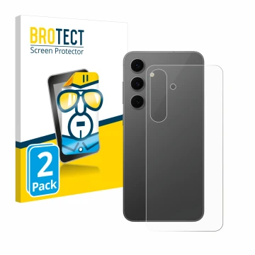 Front side of a product packaging with the brand logo BROTECT. Next to it is the device Samsung Galaxy S24 FE (Back) shown wit