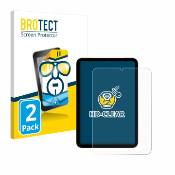 Front side of a product packaging with the brand logo BROTECT. Next to it is the device Apple iPad Mini 7 WiFi 2024 shown with