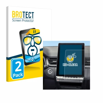 Front side of a product packaging with the brand logo BROTECT. Next to it is the device Renault Symbioz 2024 shown with the co