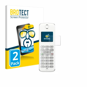 Front side of a product packaging with the brand logo BROTECT. Next to it is the device AVM Fritz!Fon M2 shown with the corres