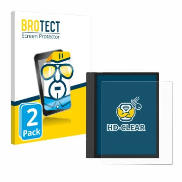 Front side of a product packaging with the brand logo BROTECT. Next to it is the device Boox Note Air 4 C shown with the corre