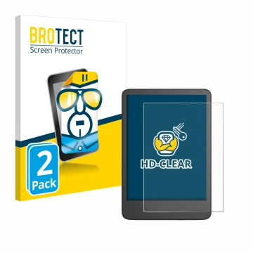 Front side of a product packaging with the brand logo BROTECT. Next to it is the device Amazon Kindle 2024 shown with the corr
