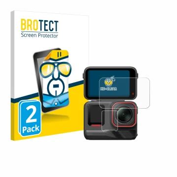 Front side of a product packaging with the brand logo BROTECT. Next to it is the device Insta360 Ace Pro 2 shown with the corr